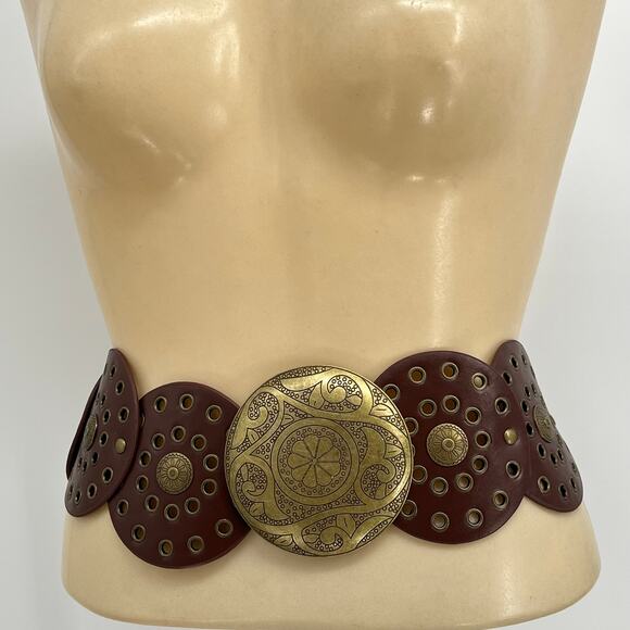 Women's NIB Boho Brass Riveted Belt & Buckle XL Statement Western Avantgarde - Picture 6 of 6